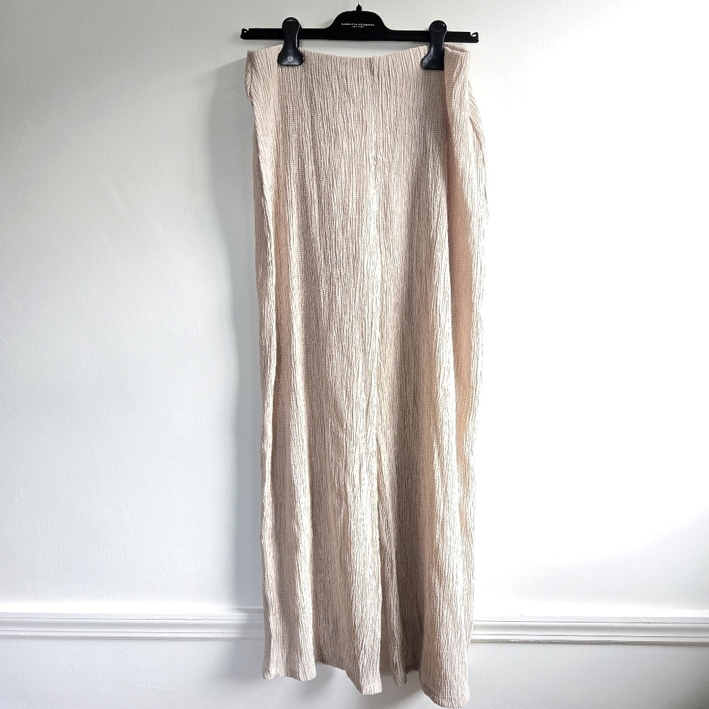 New Zara Textured Pull-On Elastic Waistband Wide Leg Beige Pants Size Large NWT